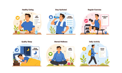 Fototapeta premium Healthy Lifestyle and Wellness Habits Illustration Set
