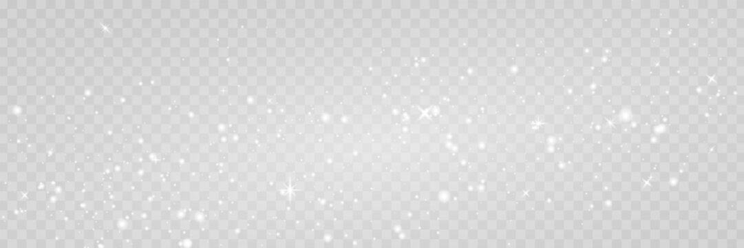 Christmas Holiday white confetti. Magic star dust background. Gold glitter light bg. Particle banner. Fairy bulb. Glow shine bokeh. Winter Celebration frame. Luxury party. Vector illustration