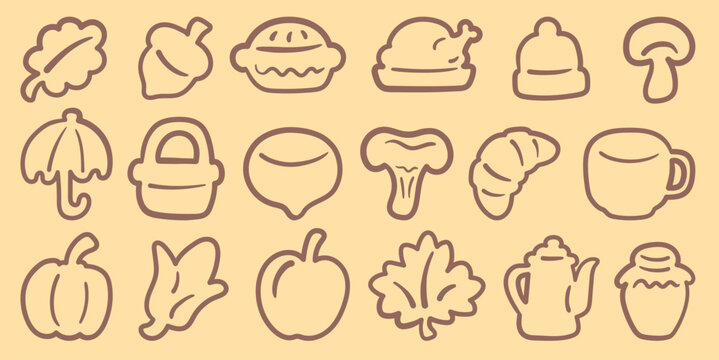 Set of autumn line art icons with leaf, acorn, pie, turkey, umbrella, hat, mushroom, pumpkin, and cozy kitchen objects on beige background