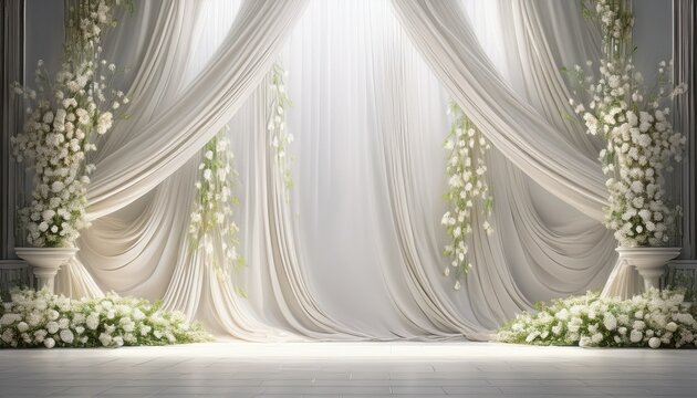 white wedding background with white curtain and flowers created with generative ai
