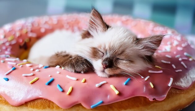 cat nap ragdoll kitten dreaming on donut bed