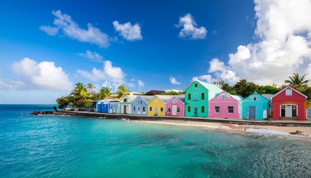vibrant caribbean architecture colorful houses street view in barbados island with blue sky and turquoise sea tropical landscape