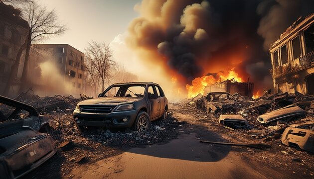 devastating aftermath of conflict featuring a burnt suv and destroyed residential area with thick smoke rising in the background