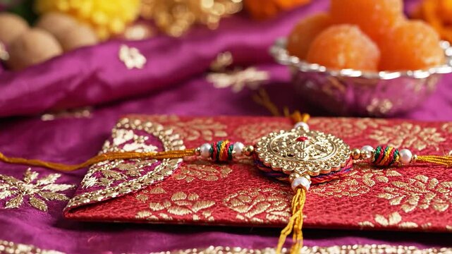 Traditional Indian Rakhi on a decorative red and gold gift envelope. Festive arrangement on purple silk fabric with blurred sweets in the background. Raksha Bandhan celebration