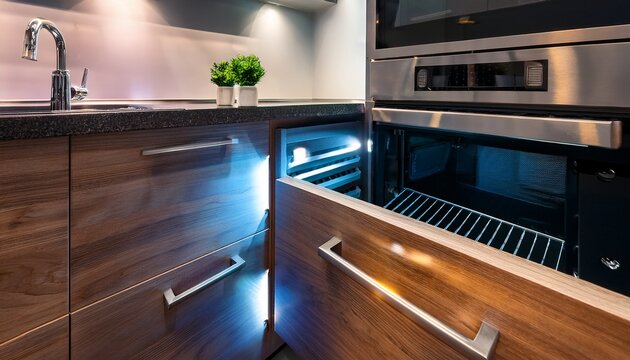 open kitchen drawers with led lighting interior design close up modern style cabinetry in a contemporary home