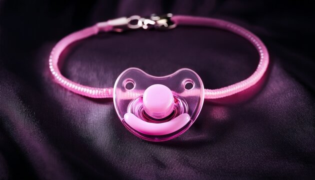 glowing pink pacifier necklace on dark fabric background for electronic music festival