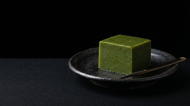 漆黒の背景に美しく映える、日本の伝統和菓子ういろう。桜色と白の2層のグラデーションともっちりした質感が、ドラマチックな陰影で浮かび上がる洗練されたクローズアップ写真