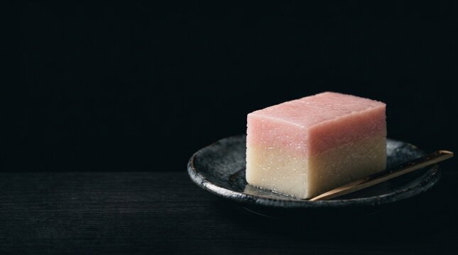 漆黒の背景に美しく映える、日本の伝統和菓子ういろう。桜色と白の2層のグラデーションともっちりした質感が、ドラマチックな陰影で浮かび上がる洗練されたクローズアップ写真