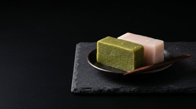 漆黒の背景に美しく映える、日本の伝統和菓子ういろう。桜色と白の2層のグラデーションともっちりした質感が、ドラマチックな陰影で浮かび上がる洗練されたクローズアップ写真
