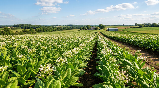Tobacco field in full bloom under a clear blue sky