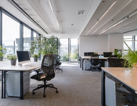 modern coworking space interior design with desks chairs and plants in a bright open office area interior architecture