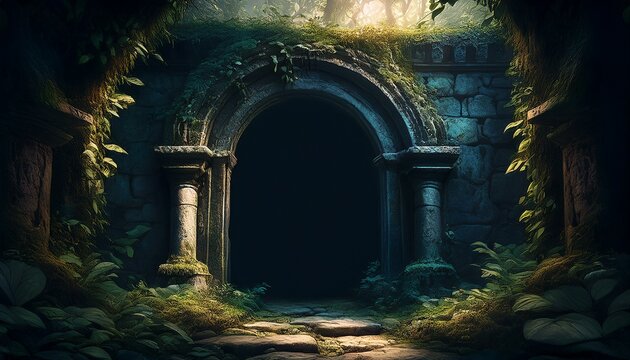 ancient weathered stone doorway in a dark overgrown crypt