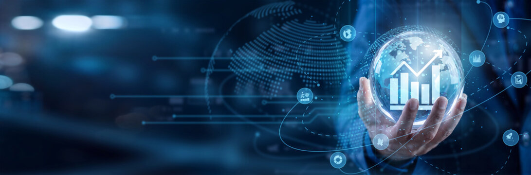 Financial analyst hold circle in hand to optimize the modern Financial Analytics network system. They evaluate corporate investment market trends, economic statistics, and revenue growth.