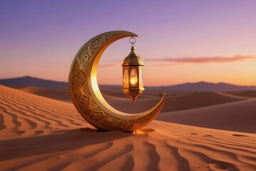 Fototapeta premium Golden crescent moon with lantern ornament sits on desert sand dunes at sunset. Intricate patterns adorn moon. Sky has purple and orange hues. Mountains in distance. Peaceful spiritual mood.