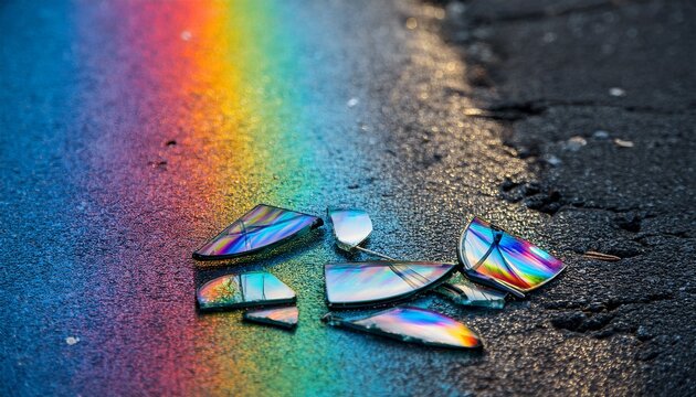 shattered diffraction glasses on asphalt with colorful reflections