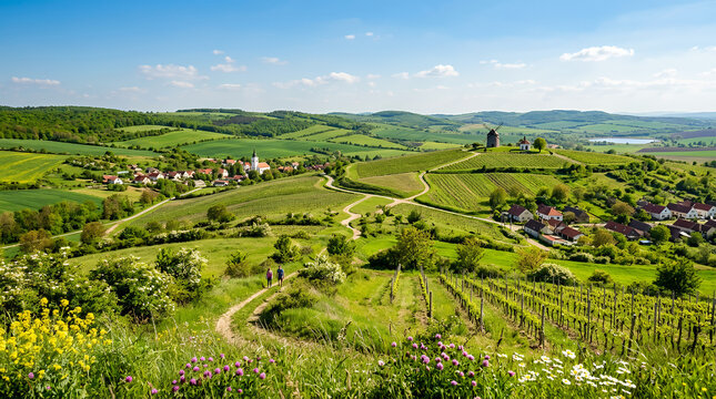 Tobacco field in full bloom under a clear blue sky
