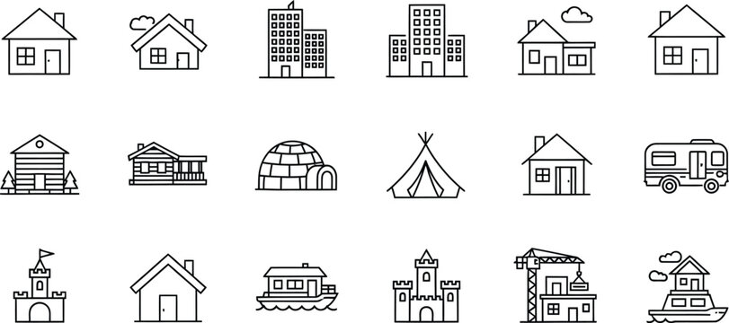 Housing silhouette icons set diverse dwellings isolated on transparent background