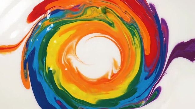 Top view of vibrant rainbow colors of liquid paint swirling and mixing on a white surface. Abstract fluid art and creative dynamic vortex