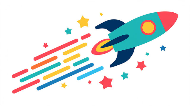 A flat, minimalist illustration of a turquoise and red rocket ship with a yellow circular window, flying diagonally from bottom right to top left