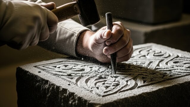 A stonemason's hands using a hammer and chisel to carve an intricate Celtic design into stone.