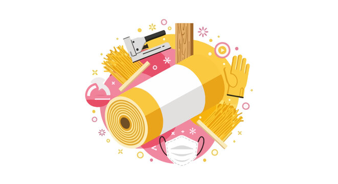Flat Vector Illustration of Home Insulation Materials and Tools including Glass Wool Roll, Staple Gun, and Protective Gear for DIY Renovation Projects