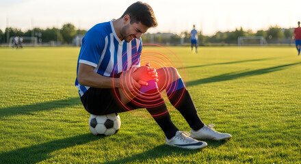 Fototapeta premium Injured Soccer Player with Knee Pain Sitting on Field