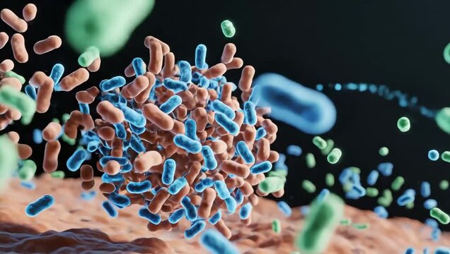 Microbiome living beneath skin surface, tiny beneficial bacteria floating peacefully across soft organic textures