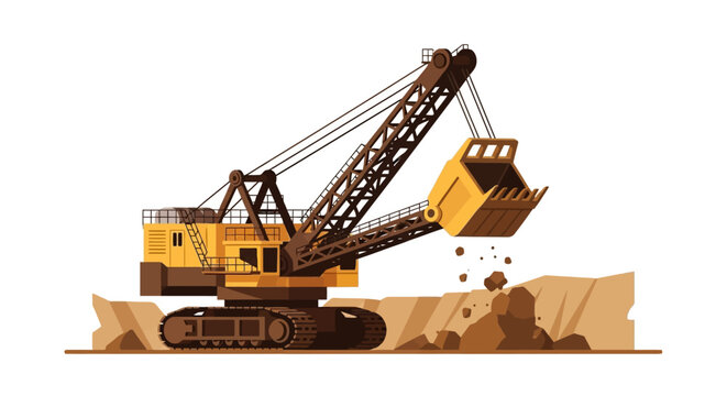 Large Industrial Mining Excavator Shovel Working in Quarry; Heavy Duty Construction Machinery for Open Pit Mining and Earthmoving Illustration Isolated on White Background