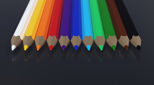 Row of Colorful Wooden Colored Pencils on Dark Background