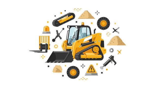 Yellow Skid Steer Loader Illustration with Construction Equipment and Safety Icons, Flat Design Vector of Compact Track Loader for Earthmoving and Building Site Projects