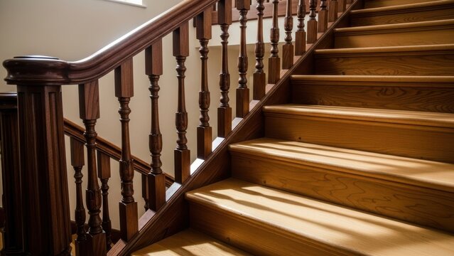 A classic wooden staircase with dark wood banisters and light oak steps.
