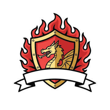 Dragon on a shield with flames.