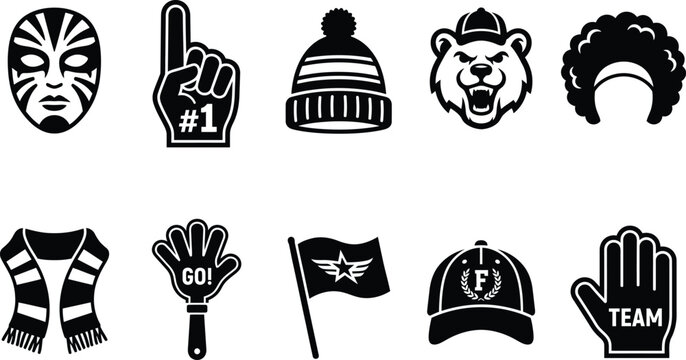 Sports fan accessories and cheering equipment black icons collection.