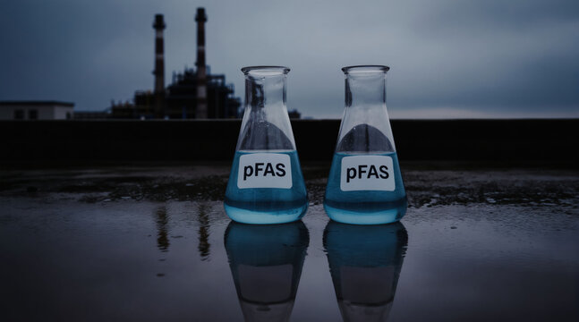 Laboratory flasks with blue liquid labeled PFAS stand on wet ground before industrial factory. Water contamination research using chemical analysis, testing to detect toxic chemicals. Environmental