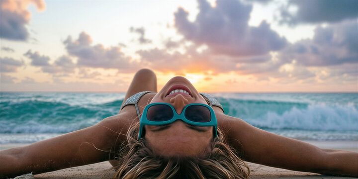 Slender blonde woman in white bikini lying on beach towel, wearing blue sunglasses, smiling with mouth open, ocean waves and cloudy sunset in the background.