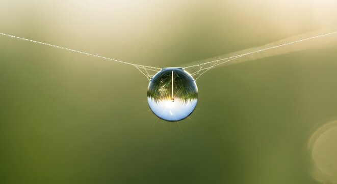 Water droplet on spider web reflecting landscape