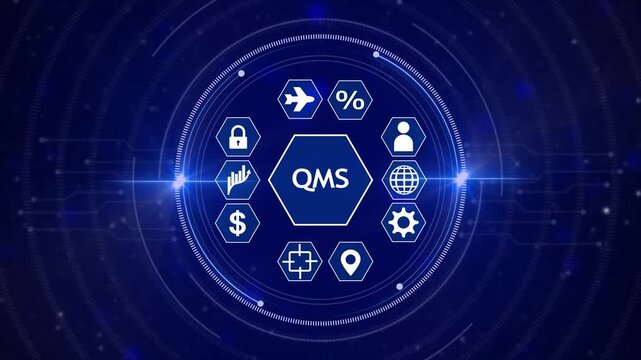 Digital representation of a Management System QMS with interconnected symbolizing business processes and data analysis on a dark blue technological background Keywords: QMS, management, system