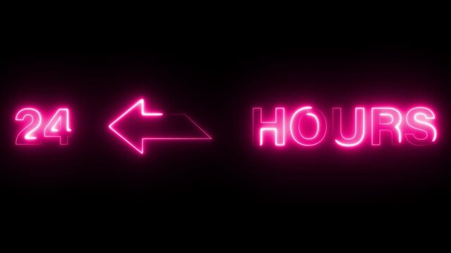 24 Hours Neon Sign: Vibrant pink neon lights spell out 24 HOURS with an arrow pointing left, creating a bold statement against a dark background, ideal for conveying availability or urgency.