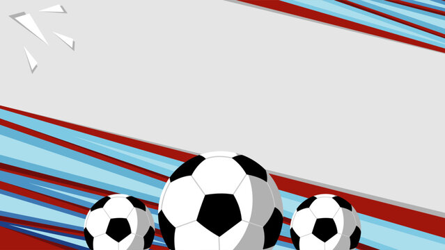 Soccer Ball Graphic Background with Red and Blue Abstract Stripes. Dynamic sports background featuring three soccer balls and colorful red and blue abstract geometric stripes