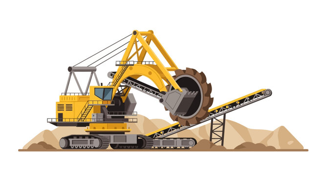 Massive Bucket Wheel Excavator for Surface Mining and Earthmoving Operations. Heavy Industrial Machinery Illustration on White Background with Conveyor Belt and Sand.