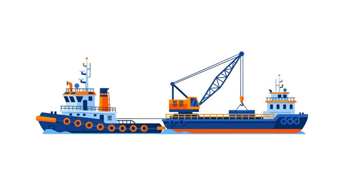 Vector Illustration of a Tugboat Towing a Cargo Barge with a Crane for Maritime Transport and Logistics