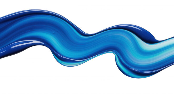 A smooth, glossy wave of blue liquid paint flowing horizontally across a solid black background, with vibrant cyan, and navy highlights
