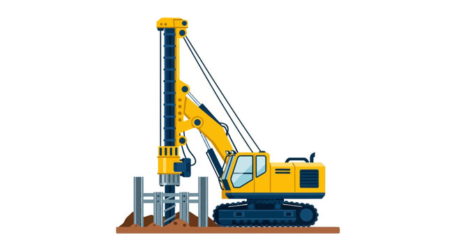 Heavy Duty Drilling Rig for Construction Foundation - Piling Machine Vector Illustration Isolated on White Background