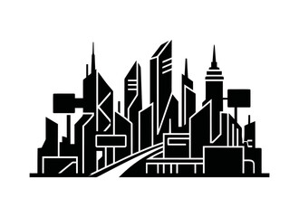 Fototapeta premium A stylized black and white cityscape illustration featuring modern skyscrapers and a road, representing urban development and metropolitan architecture