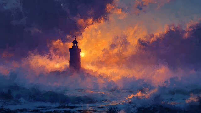 Dramatic sunset over dark ocean waves with fiery clouds.