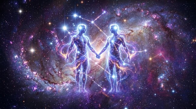 A cosmic illustration of the Gemini zodiac sign, depicting glowing celestial twin figures holding hands amidst a vibrant nebula galaxy filled with stars
