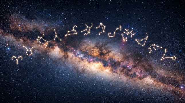 The twelve zodiac constellations glowing brightly across the cosmic span of the Milky Way galaxy in the starry night sky