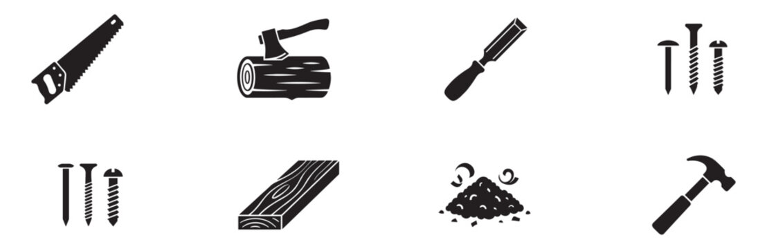 Carpentry and woodworking tools icon set. Hand saw, axe, log, chisel, hammer, nails, screws, sawdust and wooden plank symbols. Vector illustration.