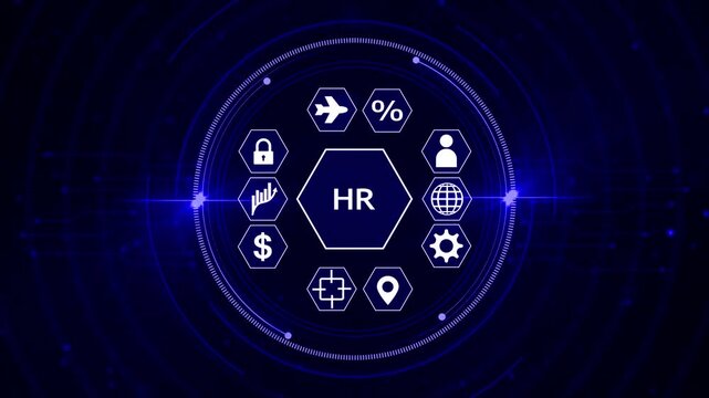 Human Resources HR digital concept with interconnected representing employee management recruitment and business operations on a dark blue technological network background Keywords: HR, human
