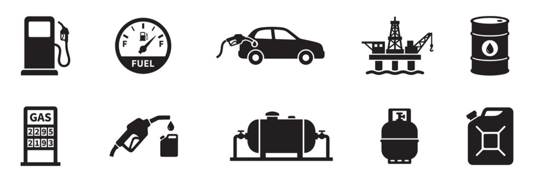 Gas station and fuel industry icon set. Petrol pump, oil rig, barrel, fuel gauge, car refueling, propane tank and canister symbols. Vector illustration.